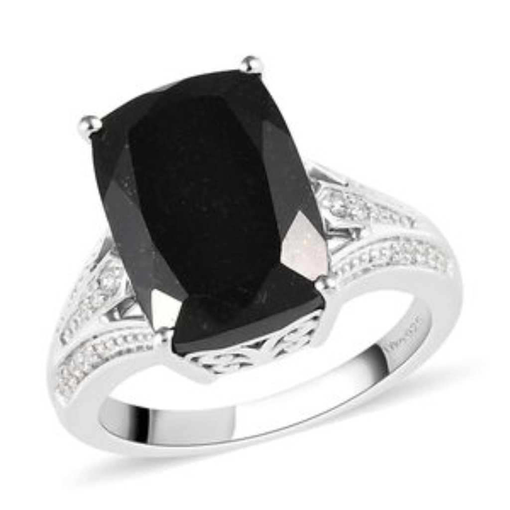 Australian Black Tourmaline, Natural White Zircon Split Shank Ring In Platinum O